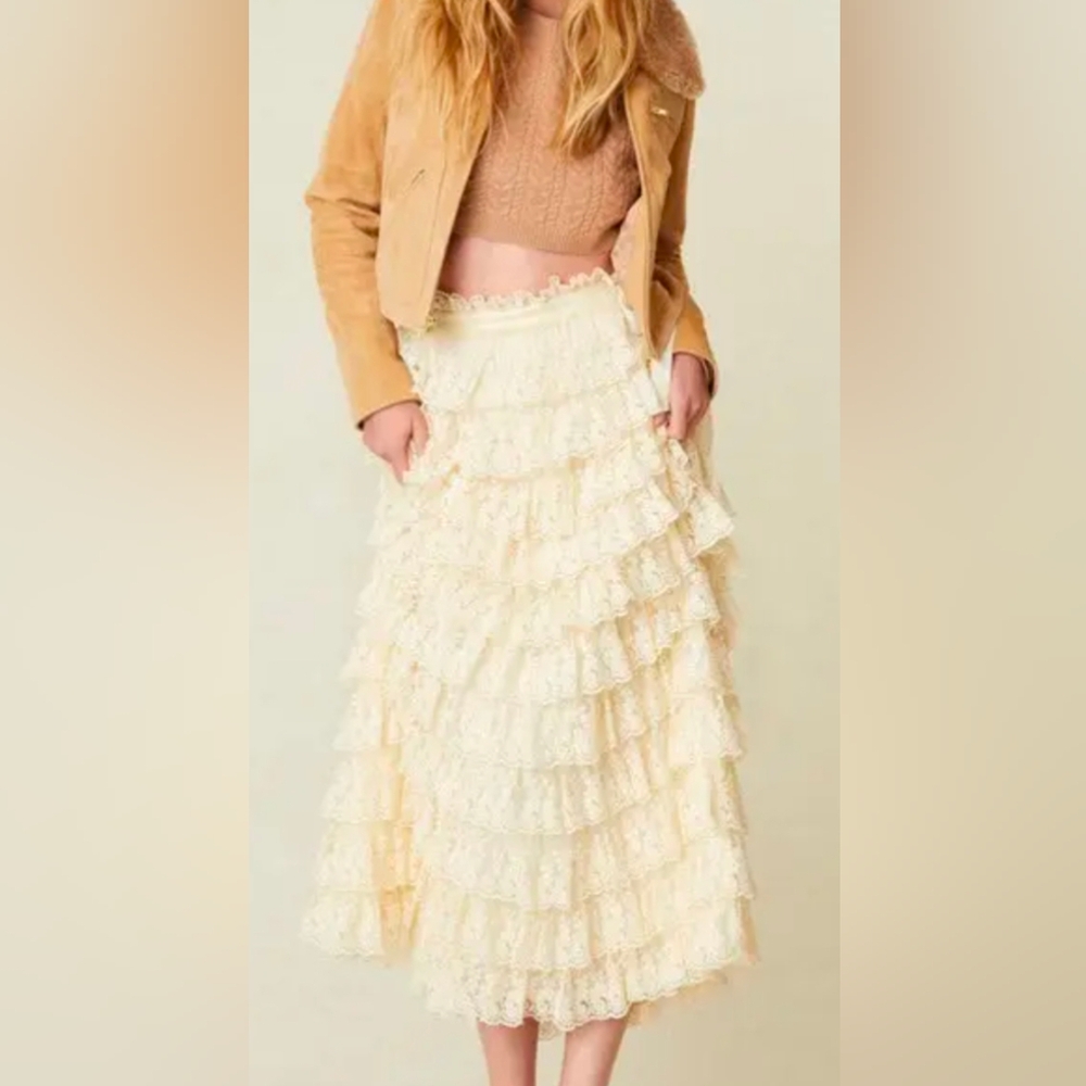 NWT LoveShackFancy Dover Cream Lace Ruffle Skirt Sz 12
